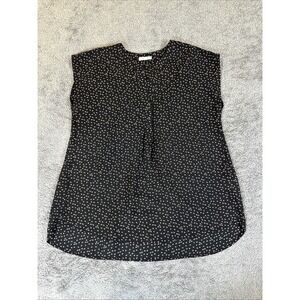 Pleione Womens Size S Geometric Polka Dot Sleeveless Sheer Blouse Top Black